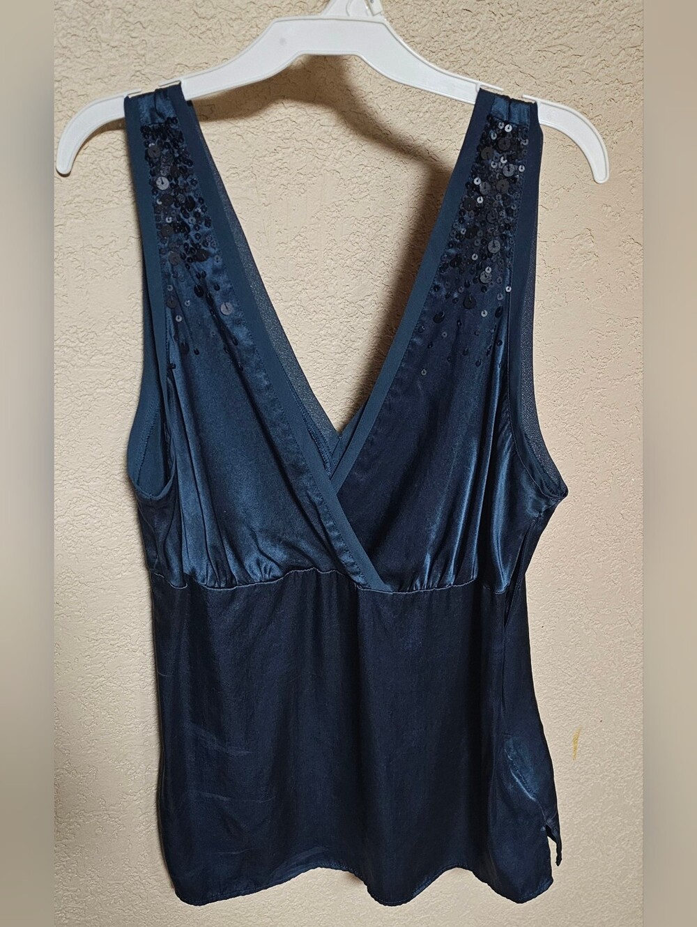 New York & Company Midnight Blue Satin Chemise with Sequin Straps